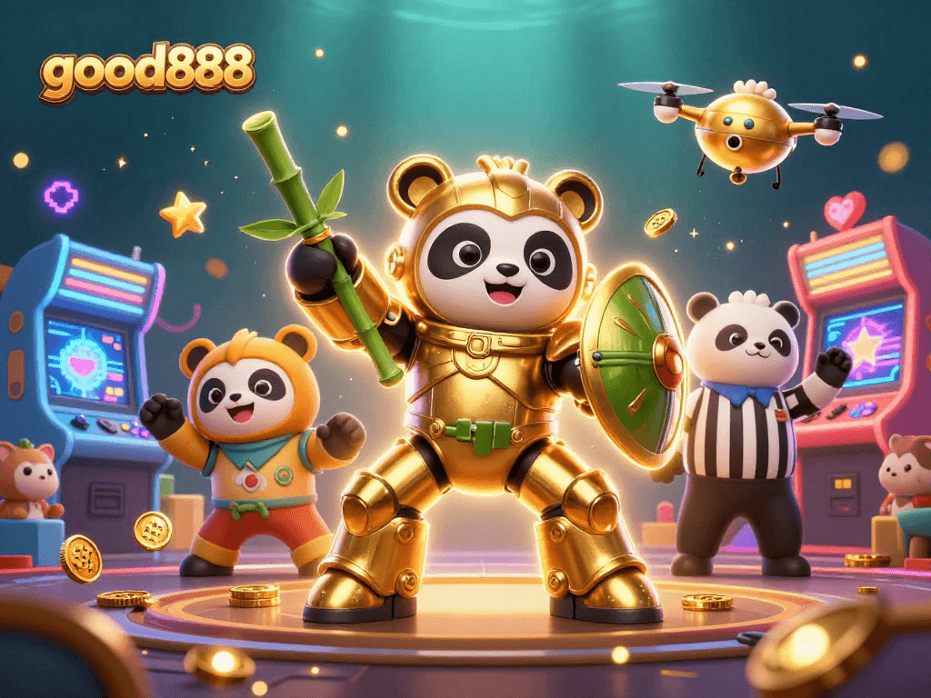 Spin and win with good888 at the vibrant casino scene featuring golden panda and colorful gaming elements.