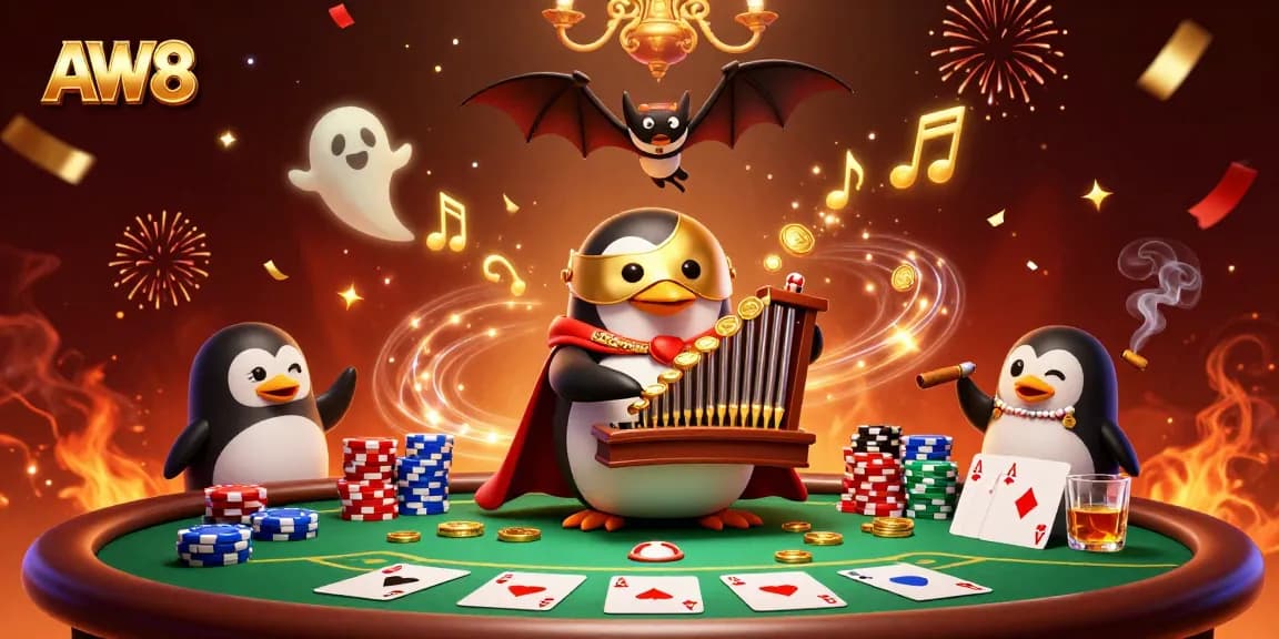 Experience thrilling gameplay as AW8 unites a phantom penguin and a bat acrobat in a vibrant casino scene.