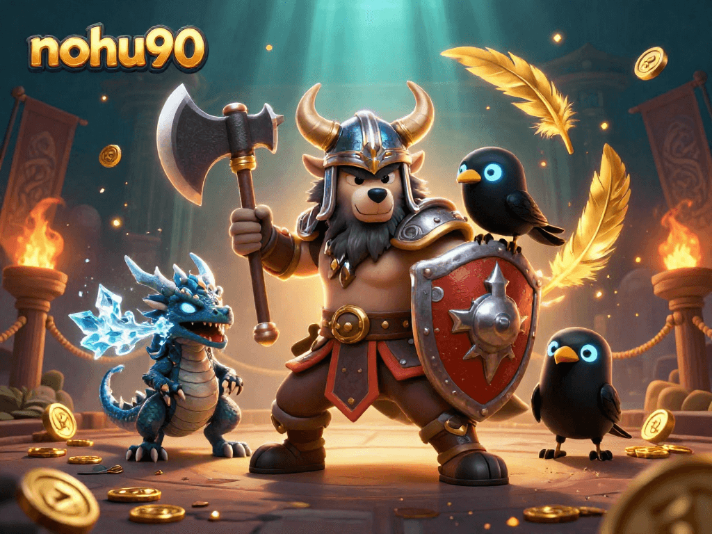 Engage in thrilling wins with nohu90 inspired by Viking elements and casino game imagery.