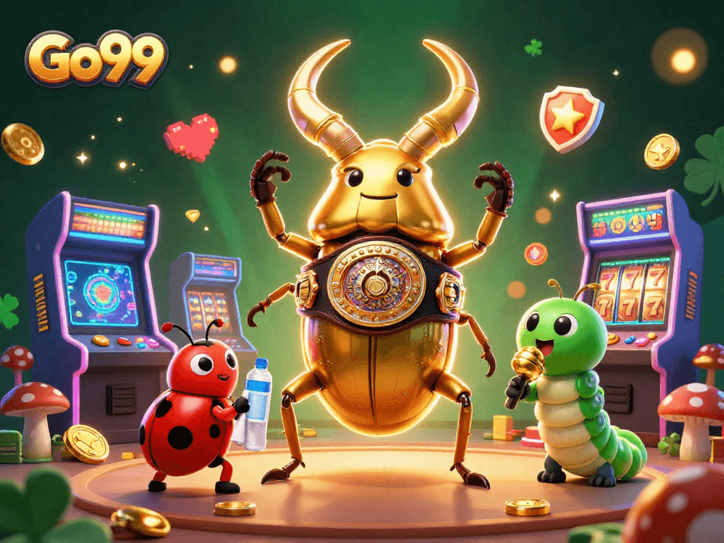 Go99 champions face off in a vibrant casino-themed 3D illustration with arcade elements.