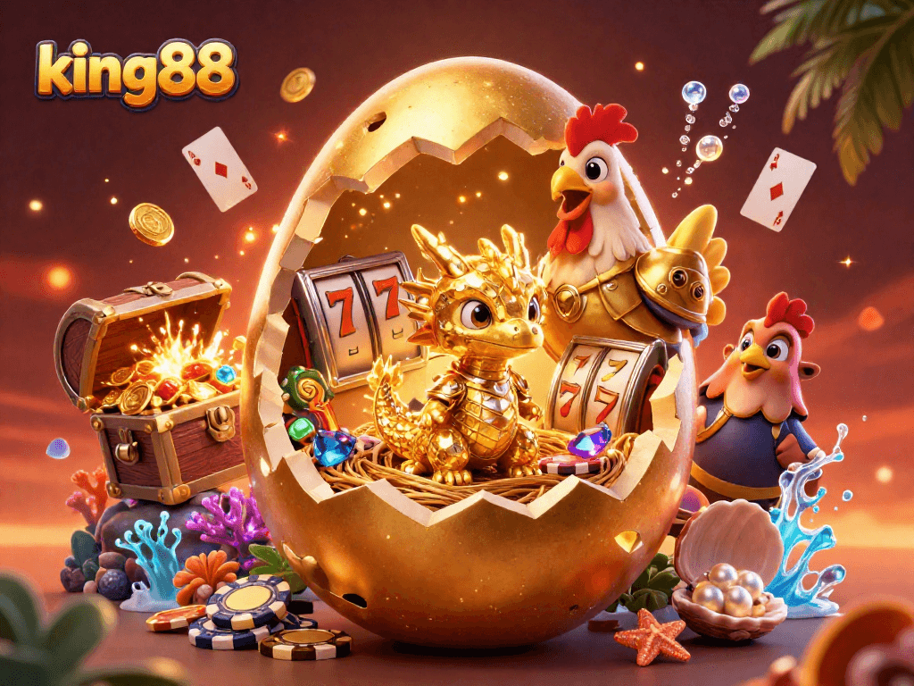 Engage with king88's vibrant gaming world through a golden dragon surrounded by riches and lively casino elements.