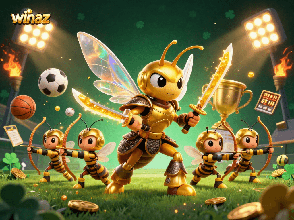 Winaz showcases a vibrant scene of a golden hornet samurai amidst dynamic sports action, emphasizing thrilling betting strategies.