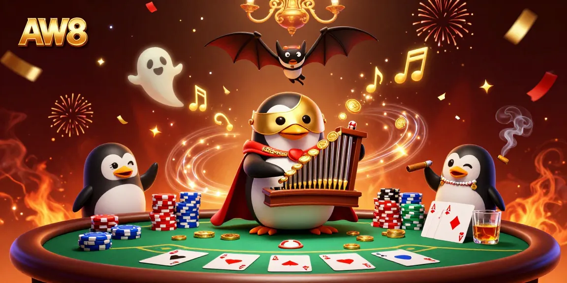 Experience thrilling gameplay as AW8 unites a phantom penguin and a bat acrobat in a vibrant casino scene.