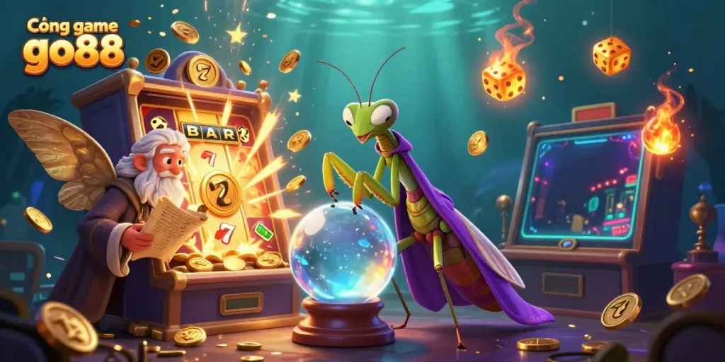 Cổng game go88 showcases a magical casino fantasy with vibrant elements and dynamic characters.