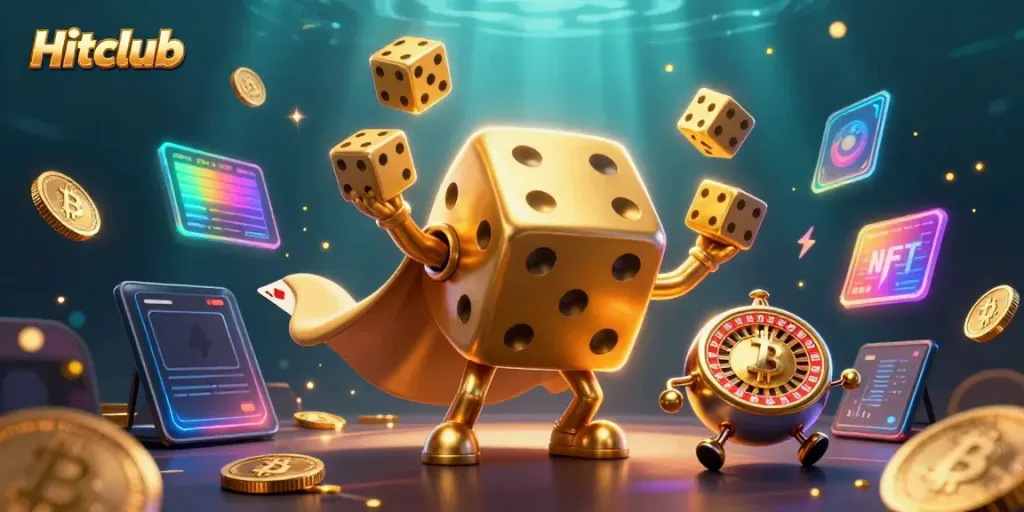 Hitclub showcases vibrant golden dice character juggling winning elements in a colorful casino scene.