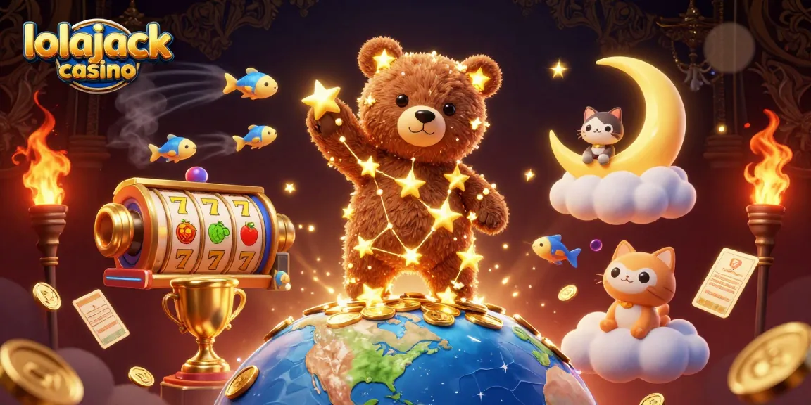 Experience thrilling games at lolajack casino while enjoying a vibrant 3D gaming illustration of slots and rewards.