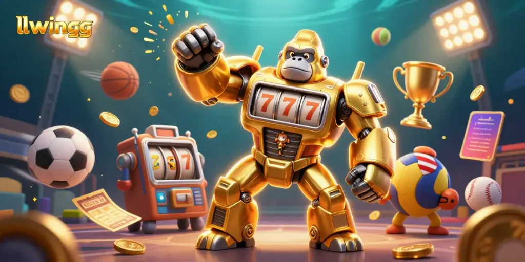 Experience thrilling gaming with llwingg featuring a golden gorilla mech surrounded by dynamic sports elements.