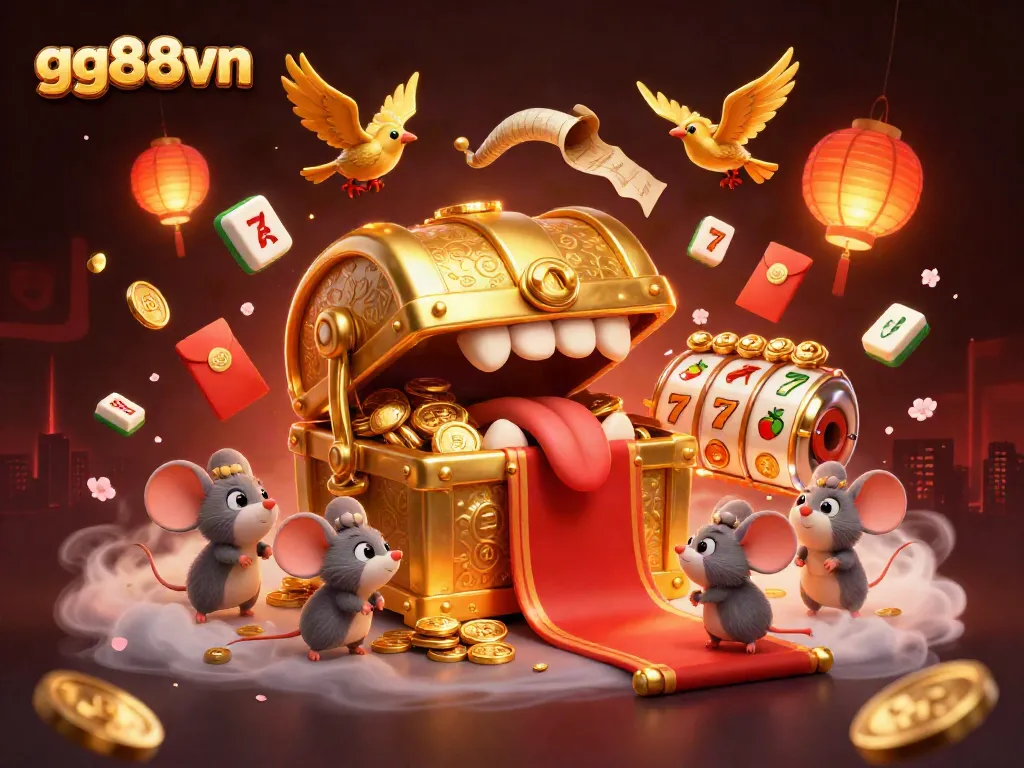 Engage in thrilling casino adventures with gg88vn, featuring dynamic slot machine reels and vibrant decorations.