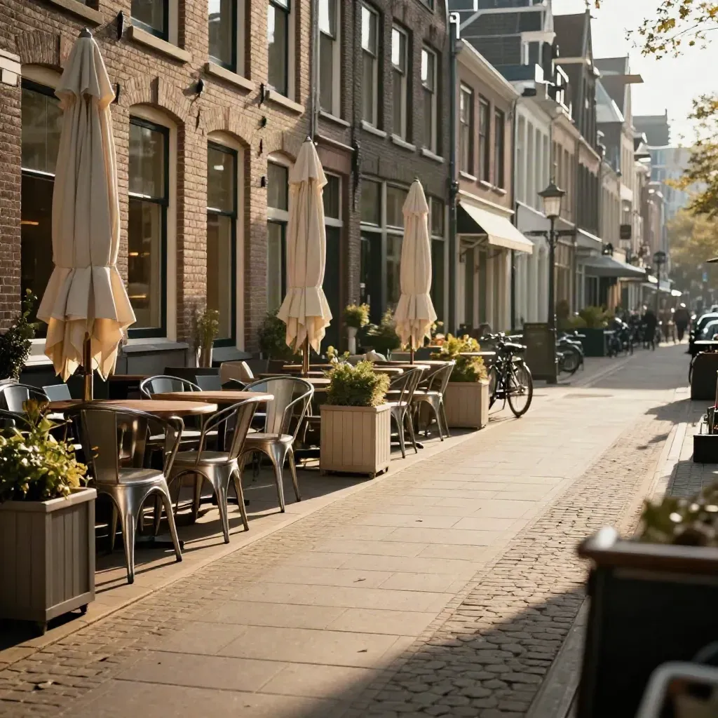 Warme stadsstraat met terras, licht baksteen en trillende hitte in fel zonlicht