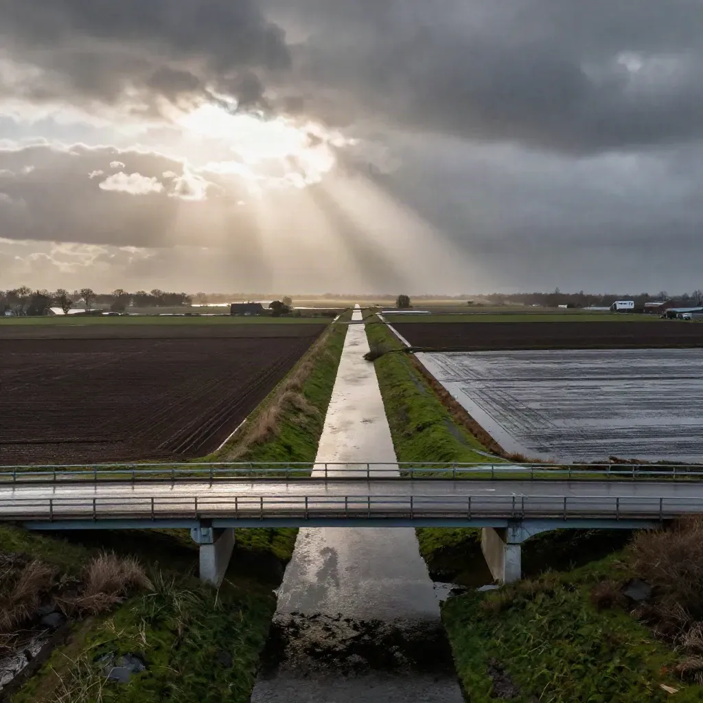 Nat polderlandschap met regen, wolkenband en snelweg vanaf een viaduct