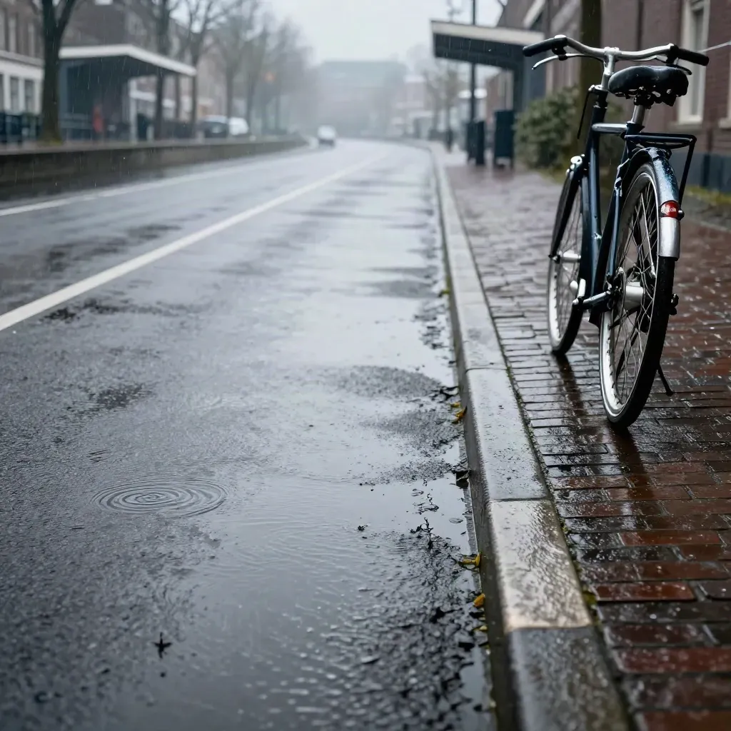 Natte fietspad langs een gracht met regenplassen en een bocht richting station.