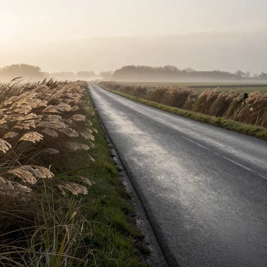 Lege polderweg bij ochtendwind, met buigend riet, nevel en nat asfalt.