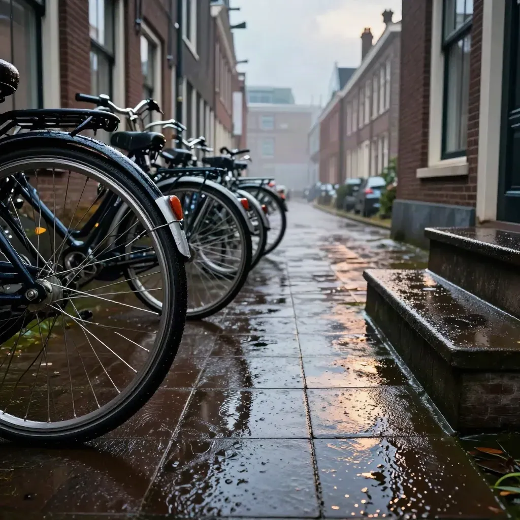 Natte schoolplein tegels met fietsen en mist bij ochtendregen.