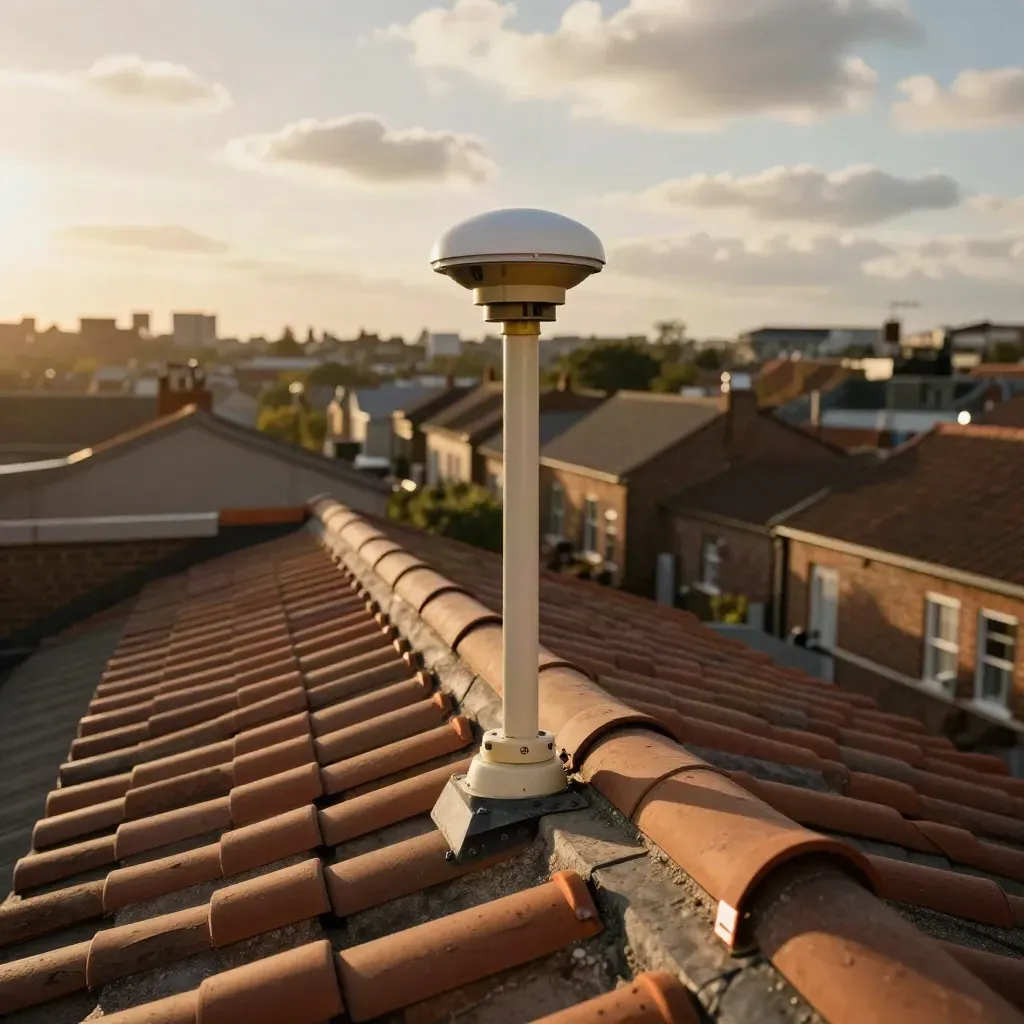 Zonnig stadsdak met droge dakpannen, weerstation en uitzicht over de wijk onder lichte wolken
