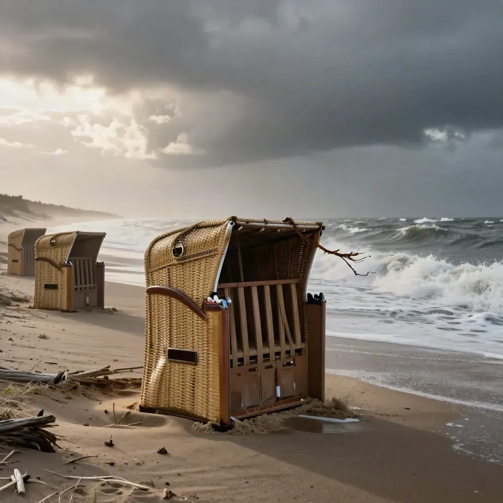 Storm op het strand met losse strandkorven, schuim en donkere wolken