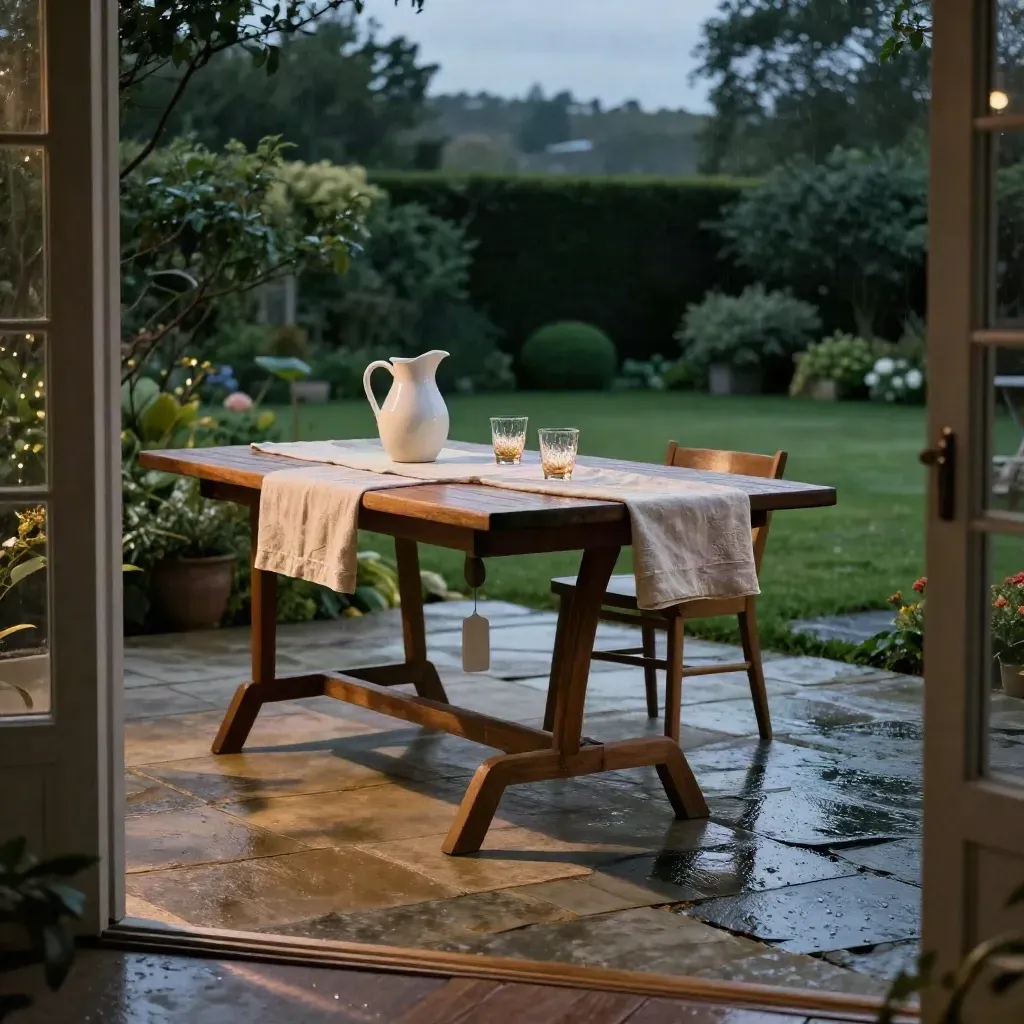 Avondtuin met houten tafel, droge tegels en natte glans na een bui