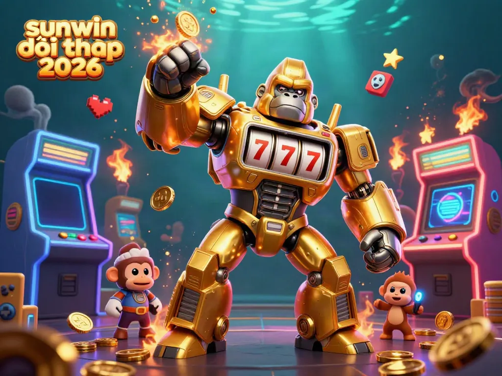 Experience the thrilling atmosphere of sunwin đổi thưởng 2026 with a dynamic golden gorilla mech and game elements.