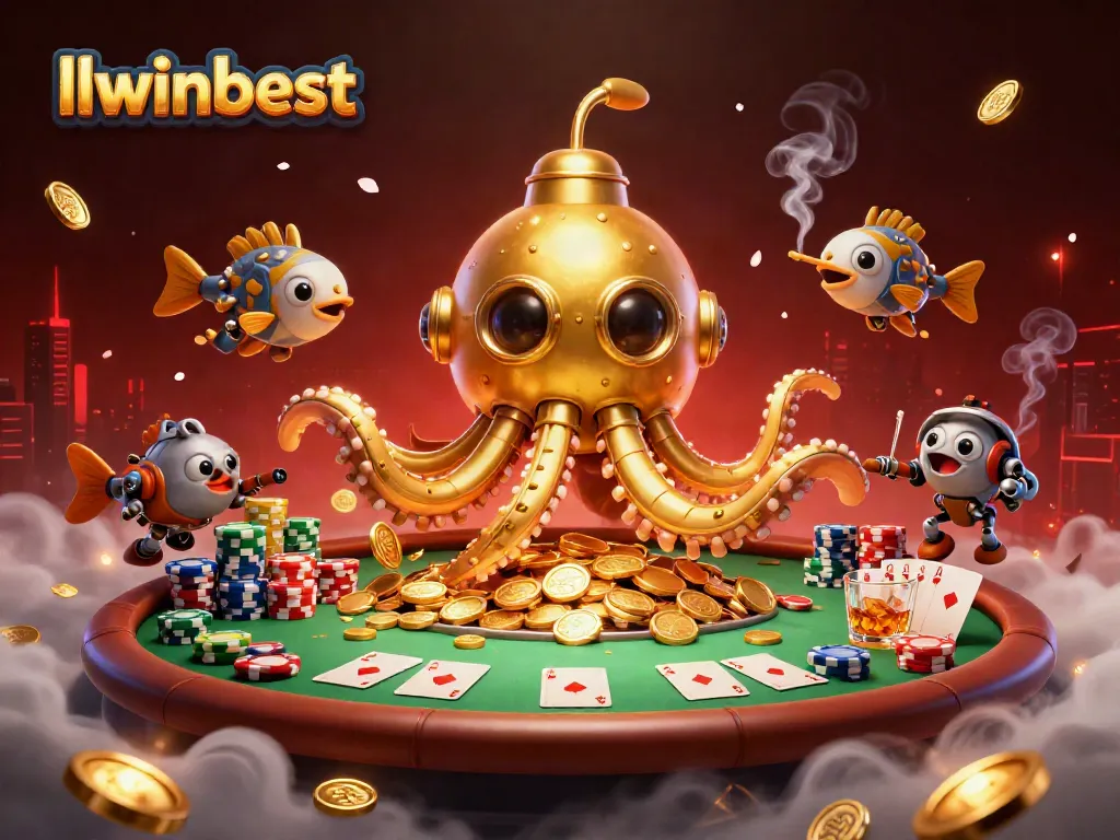 Experience the thrill of gaming at llwinbest with a dynamic scene of a golden kraken submarine and vibrant poker elements.