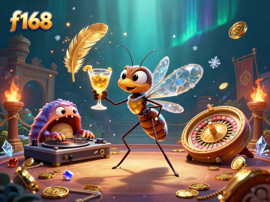 Experience the lively f168 casino scene with a vibrant frozen mosquito mascot and the unique ammonite roulette wheel.
