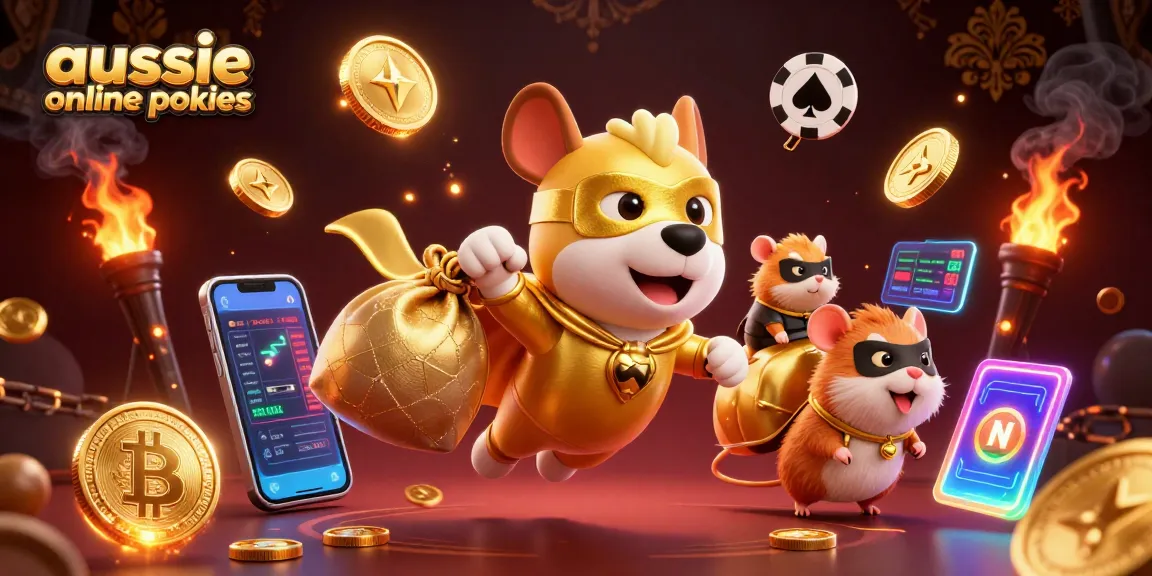 Aussie online pokies superhero dog flying with gold coins, cryptocurrency elements and poker chip symbol in action