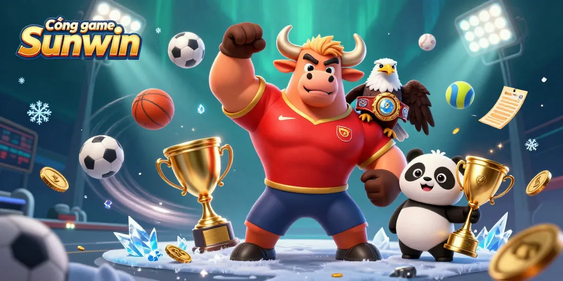 Experience excitement at Cổng game Sunwin with a dynamic 3D illustration of mascots and sports elements.