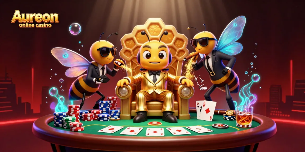 Aureon online casino scene shows a mob boss bee surrounded by poker elements and vibrant effects.